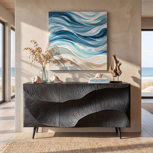 Sculpted Black Feather Front Wood Sideboard Cabinet for Modern Living and Dining Rooms