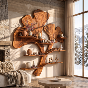 Sculptural Solid Wood Wall Shelf with Flowing Botanical Leaf Design