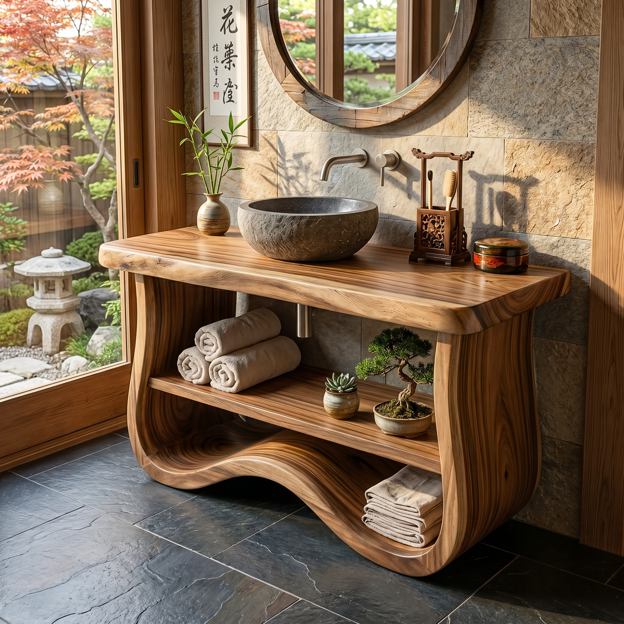 Organic Solid Wood Bathroom Vanity with Sculpted Wave Base