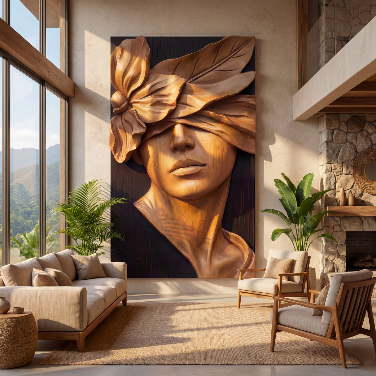 Urban Bloom Veil Wooden Relief Portrait Sculpture Wall Art