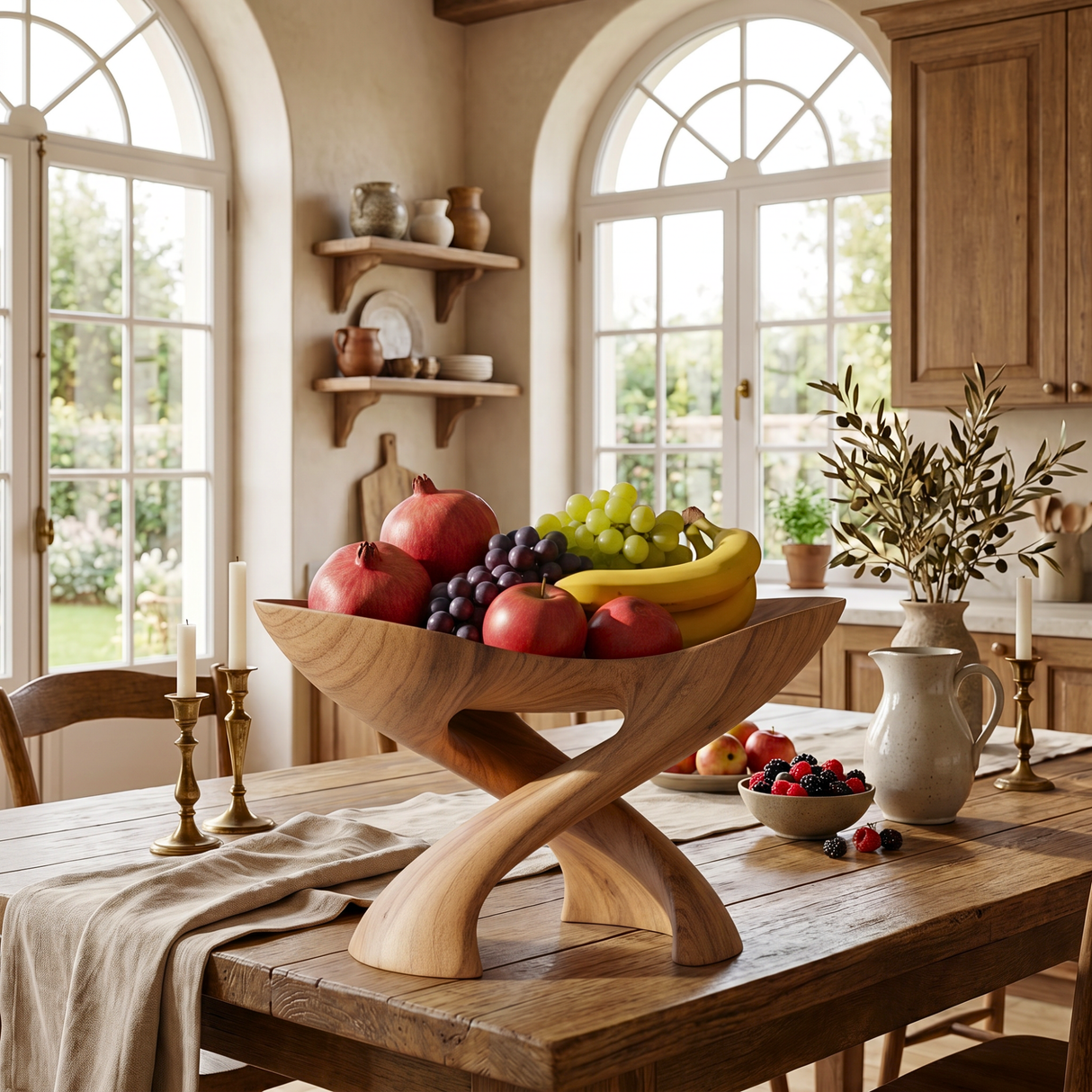 Solid Wood Cradle Fruit Bowl with Crossed Sculptural Pedestal Base