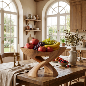 Solid Wood Cradle Fruit Bowl with Crossed Sculptural Pedestal Base