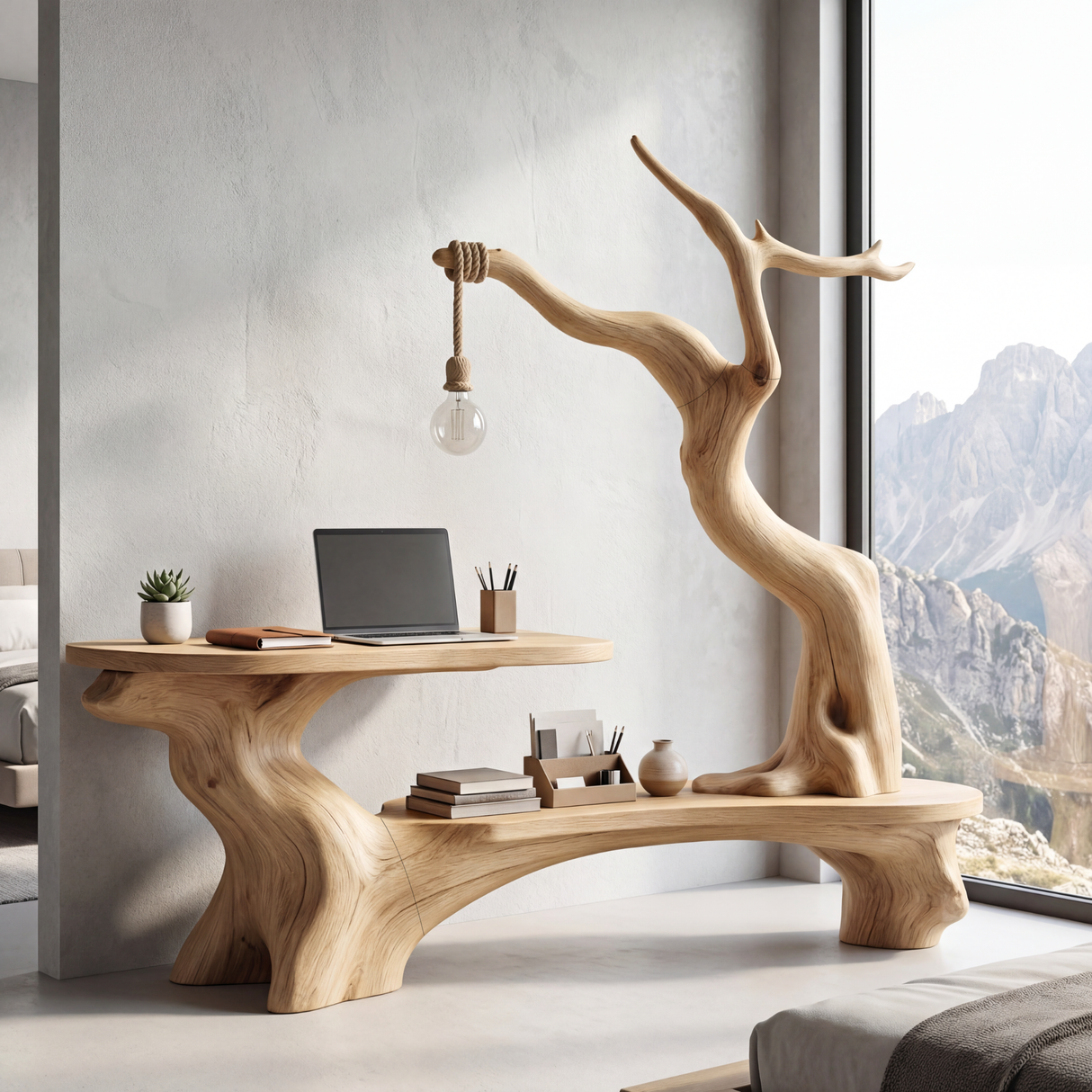 Sculptural Solid Wood Desk with Hanging Light Tree Inspired Writing Table Organic Modern Workspace