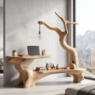 Sculptural Solid Wood Desk with Hanging Light Tree Inspired Writing Table Organic Modern Workspace