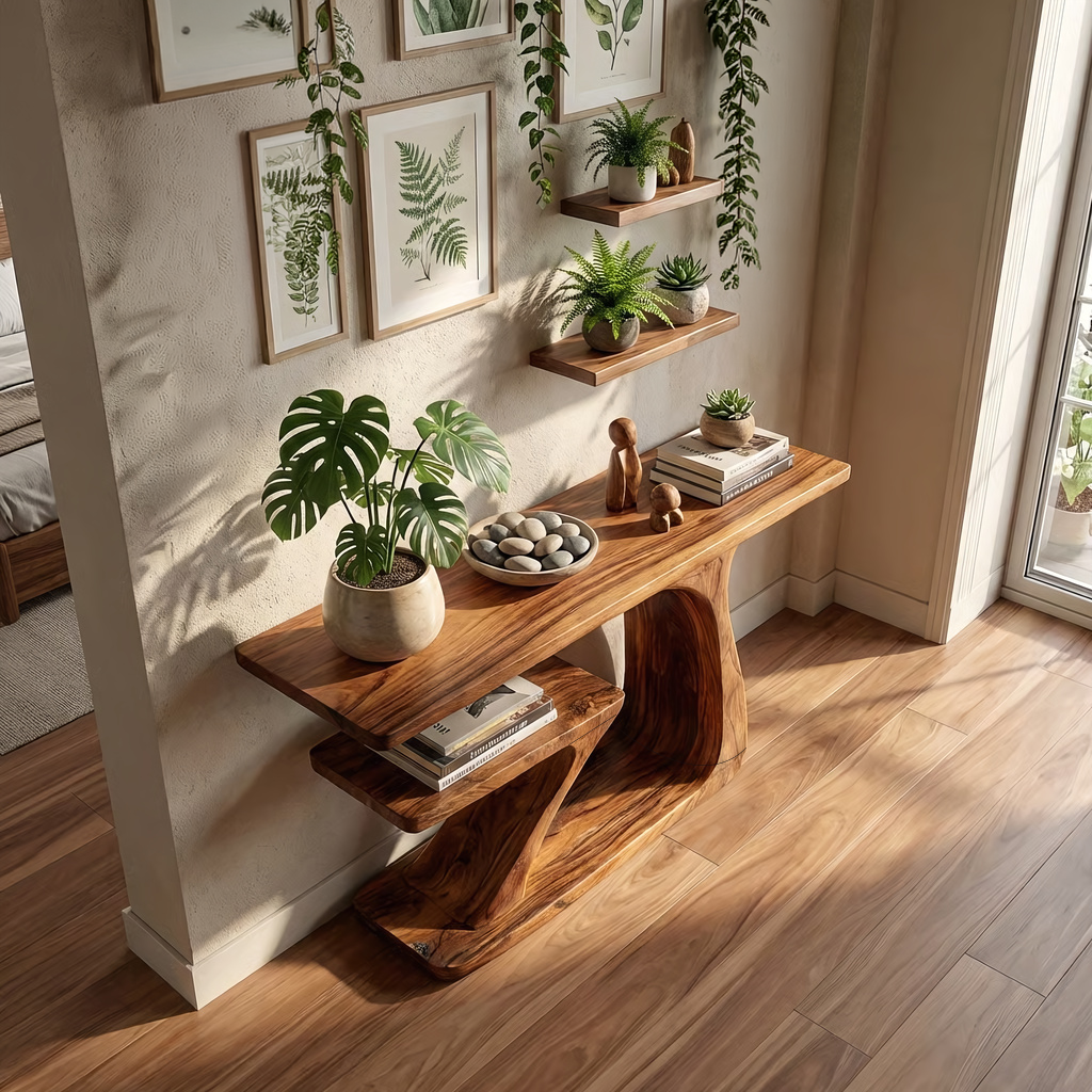 Two-Tier Solid Wood Console Table with Sculpted Z Base