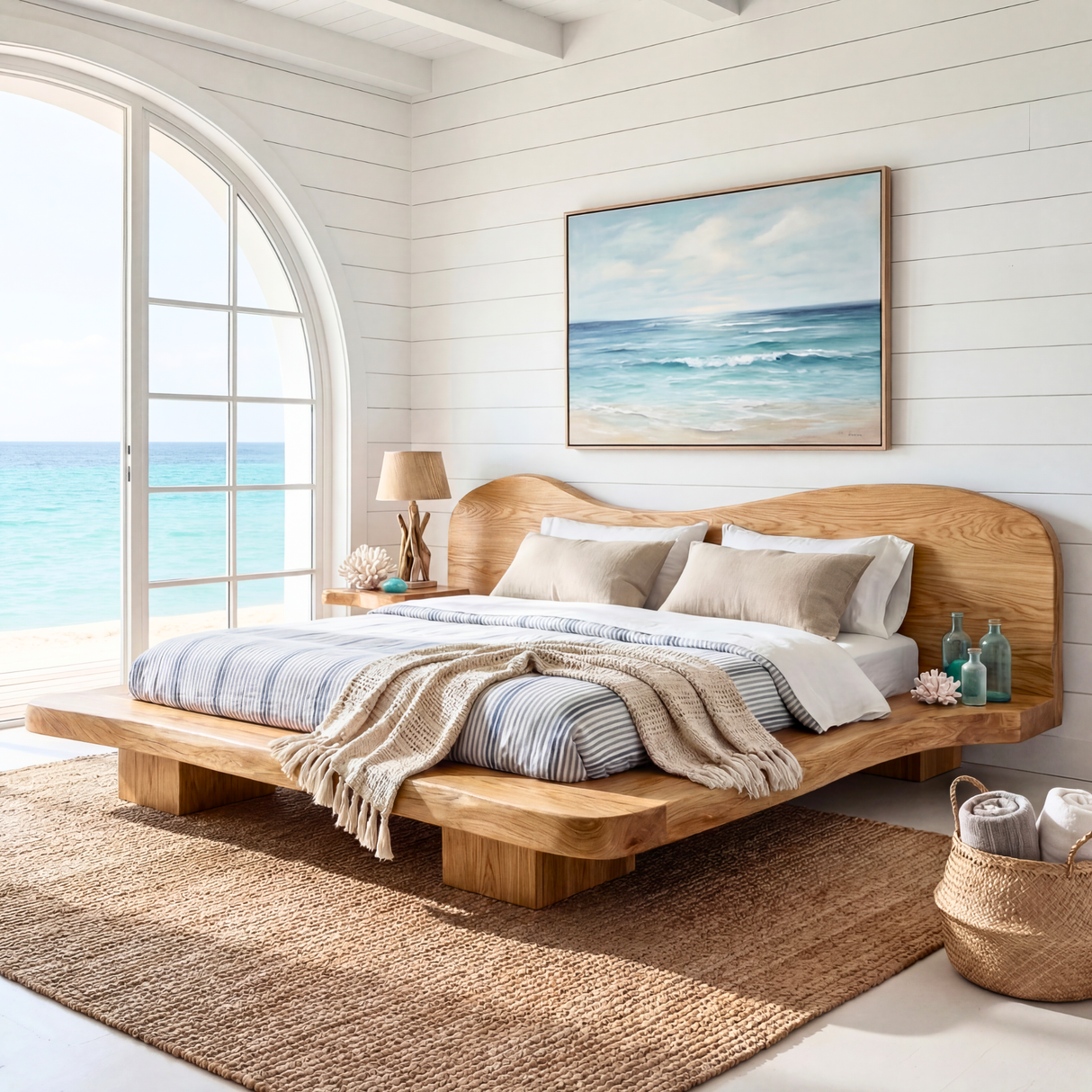 Handcrafted Solid Wood Platform Bed with Sculptural Headboard for Bedroom