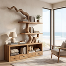 Solid Wood Bookshelf with Sculptural Tree Form and Storage Base
