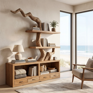 Solid Wood Bookshelf with Sculptural Tree Form and Storage Base