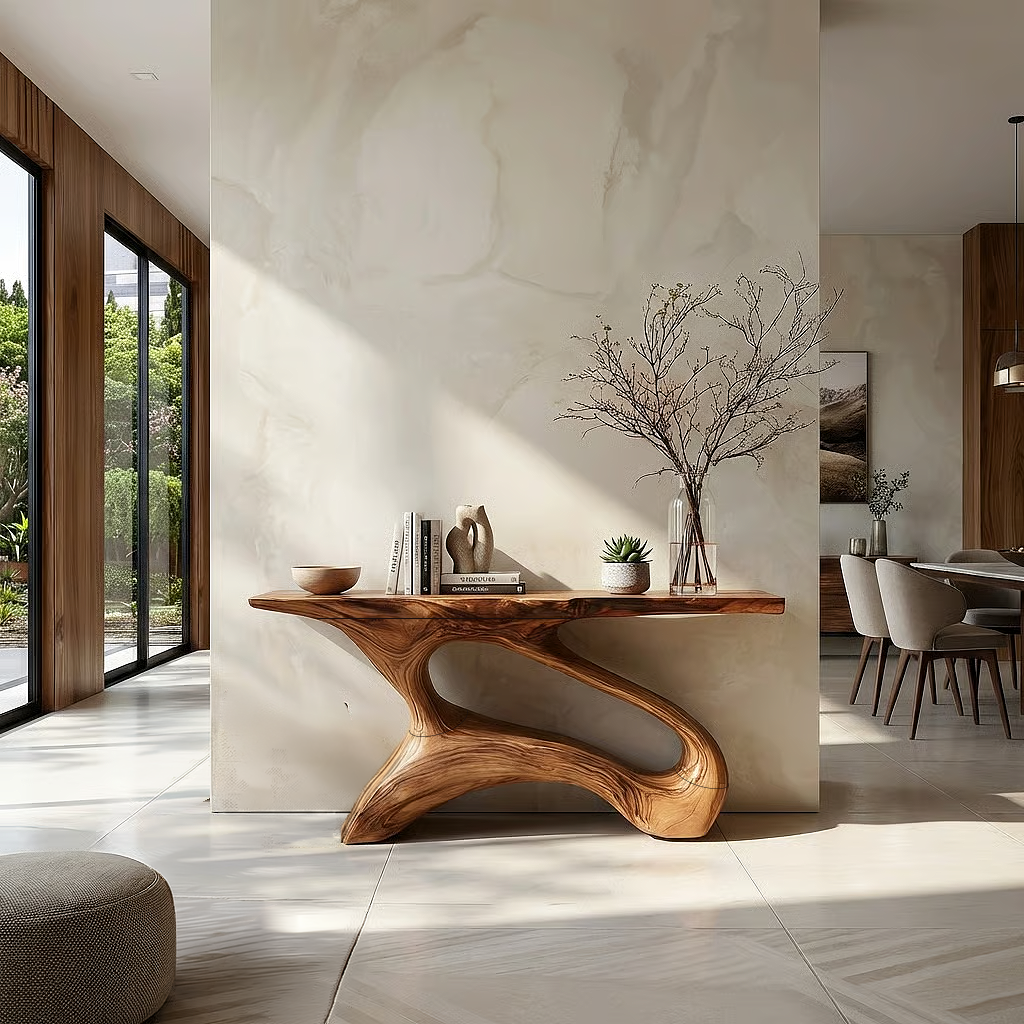 Modern Sculptural Solid Wood Console Table with Open Curved Base