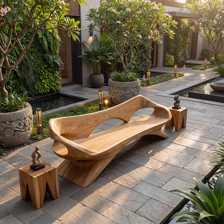 Organic Sculptural Solid Wood Bench Handcrafted Modern Art Bench