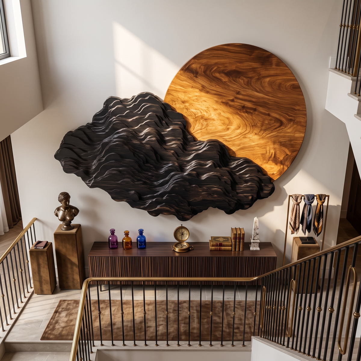 Sculptural Wall Art with Black Mountain Layers and Oversized Natural Wood Sun