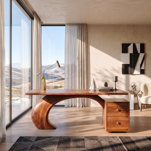 Sculptural Solid Wood Desk with Curved Support and Two Drawer Storage
