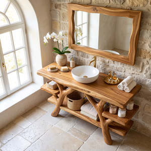 Bathroom Vanity Solid Wood with Branch Frame Shelves for Spa Bathroom Storage