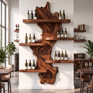 Wall Mounted Wine Rack Solid Wood with Sculptural Live Edge Center and Display Shelves