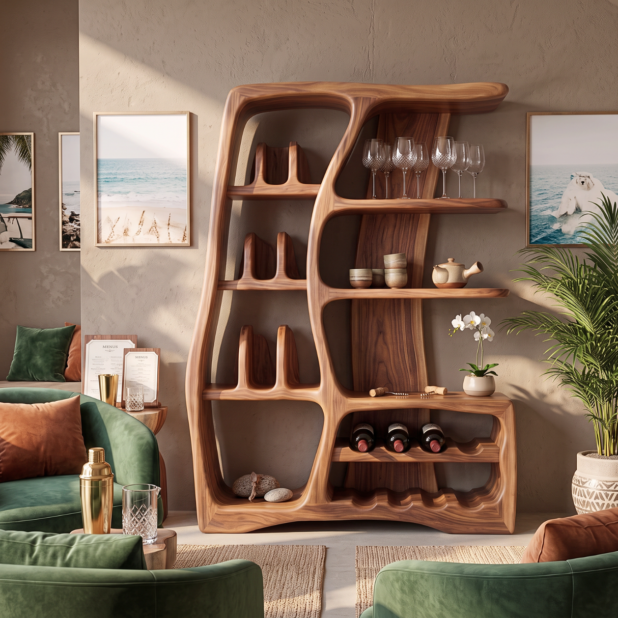 Solid Wood Wine Cabinet with Sculptural Open Shelves and Bottle Rack