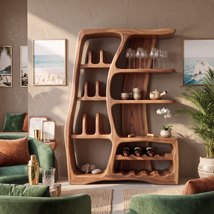 Solid Wood Wine Cabinet with Sculptural Open Shelves and Bottle Rack