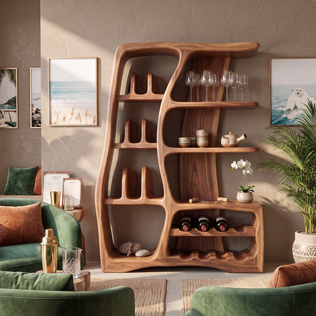 Solid Wood Wine Cabinet with Sculptural Open Shelves and Bottle Rack