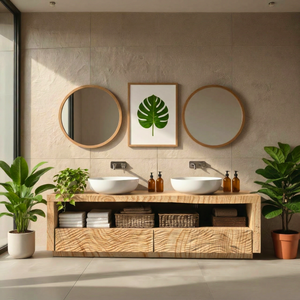 Wood Double Bathroom Vanity with Carved Wave Drawers and Open Shelf