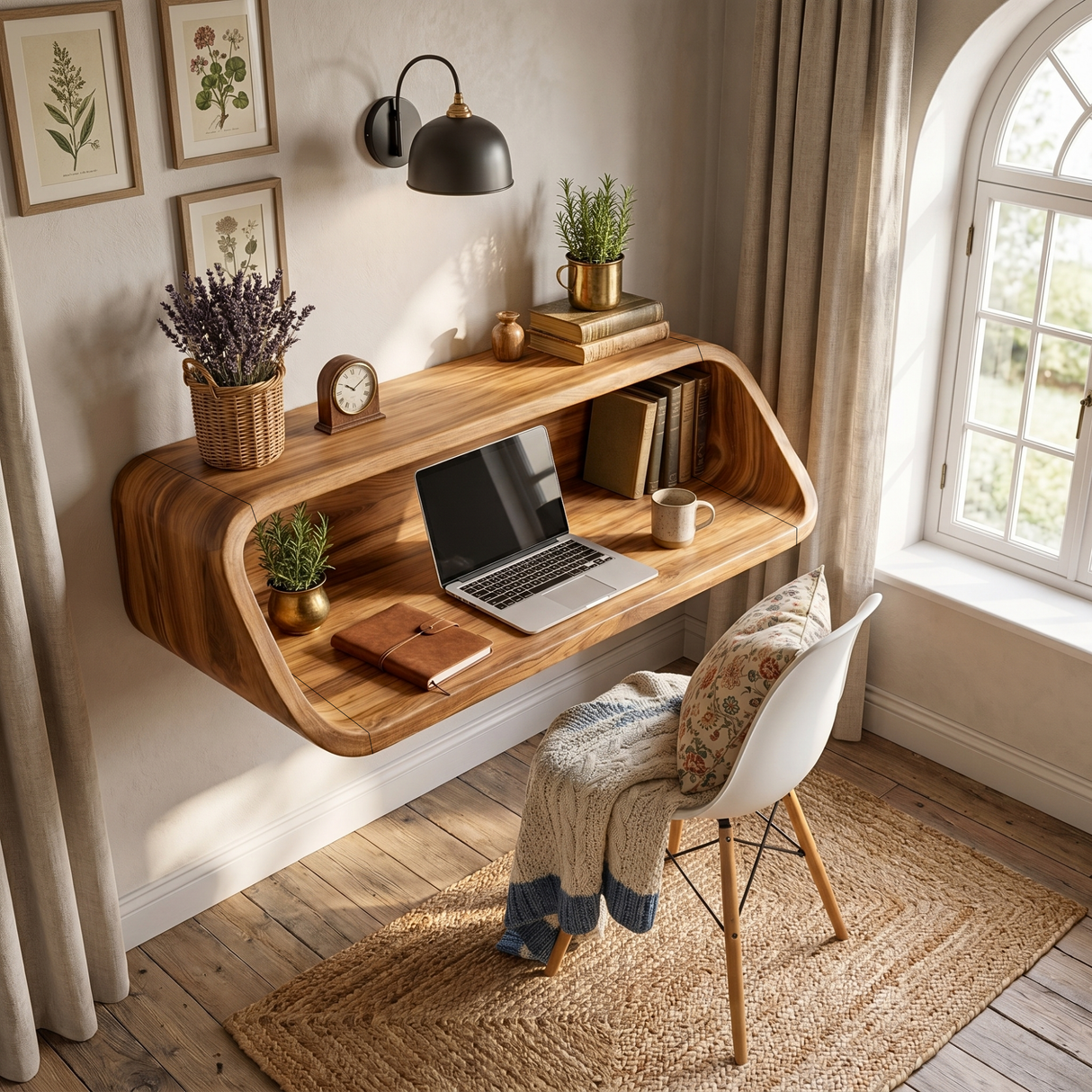 Floating Solid Wood Writing Desk with Soft Curved Form