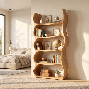 Organic Wavy Bookshelf Handmade Sculptural Wooden Display Shelf Modern Storage Unit