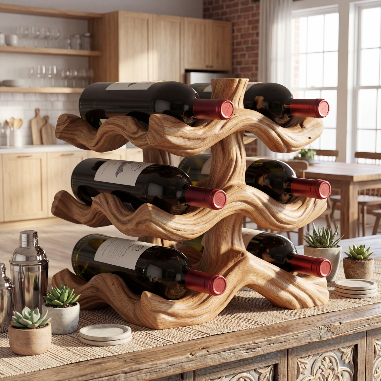Sculptural Solid Wood Wine Rack with Flowing Wave Form Tiered Bottle Holder Tabletop Storage