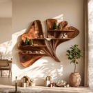 Sculptural Solid Wood Wall Shelf with Flowing Leaf Form and Floating Shelves