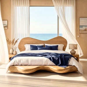 Organic Solid Wood Bed with Sculptural Curved Headboard and Platform Base