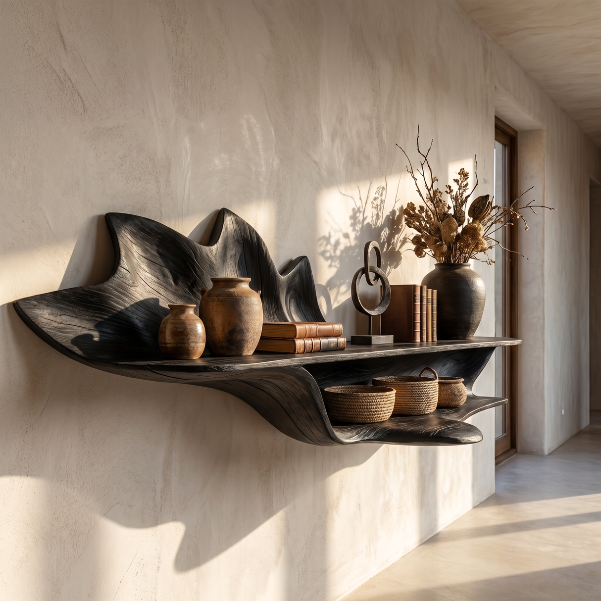 Handcrafted Solid Wood Petal Wall Shelf with Lower Display Ledge