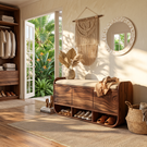 Organic Solid Wood Shoe Cabinet with Entryway Bench and Open Storage