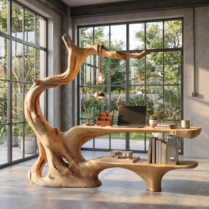 Organic Tree Root Office Desk With Floating Shelf And Hanging Lamp