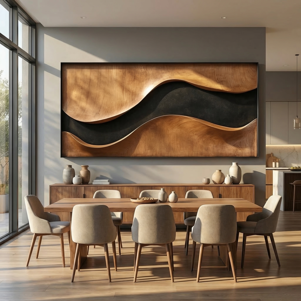 Sculptural Wood Wall Art Panel with Black Wave