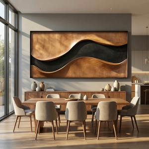 Sculptural Wood Wall Art Panel with Black Wave