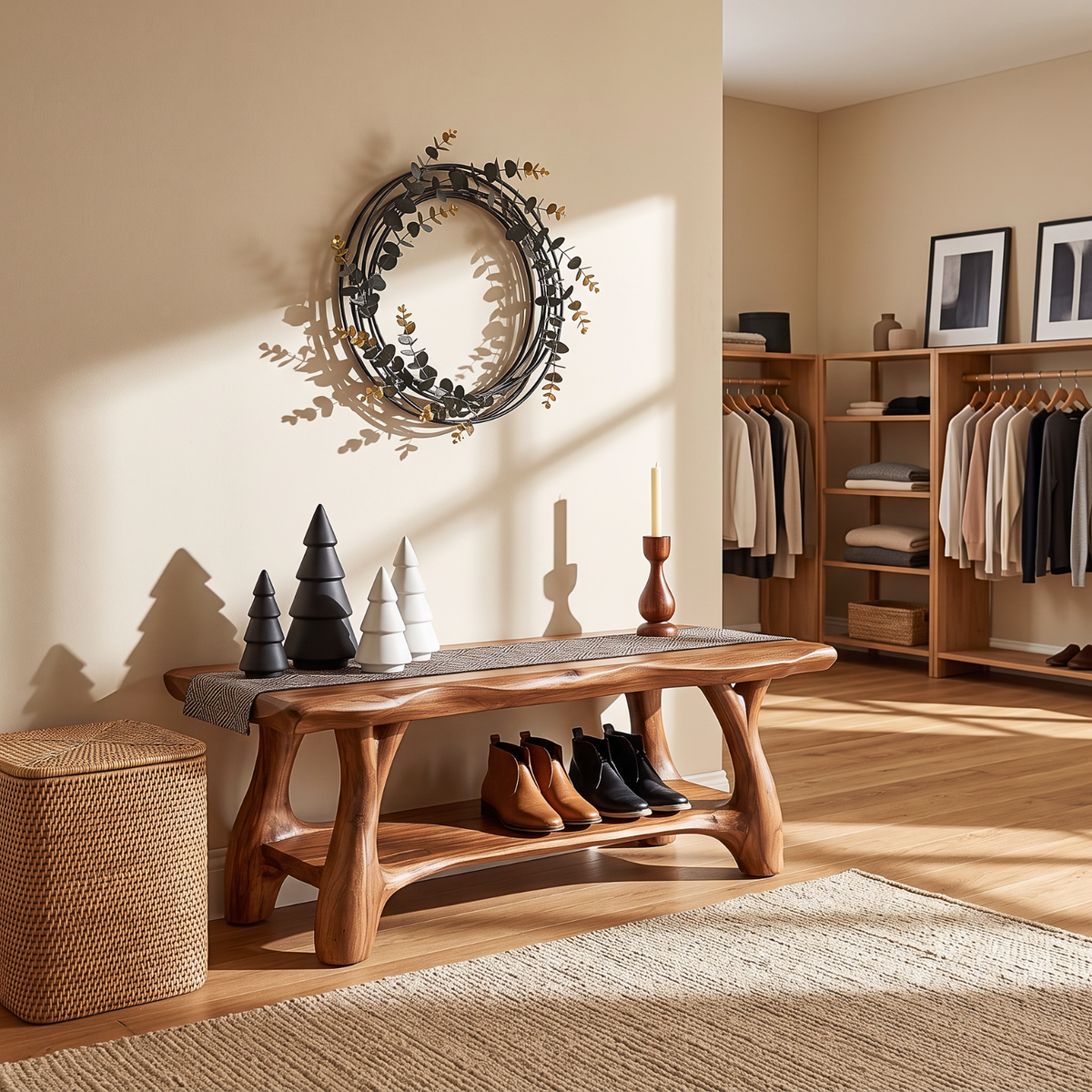 Organic Solid Wood Shoe Bench with Sculptural Legs and Open Shelf