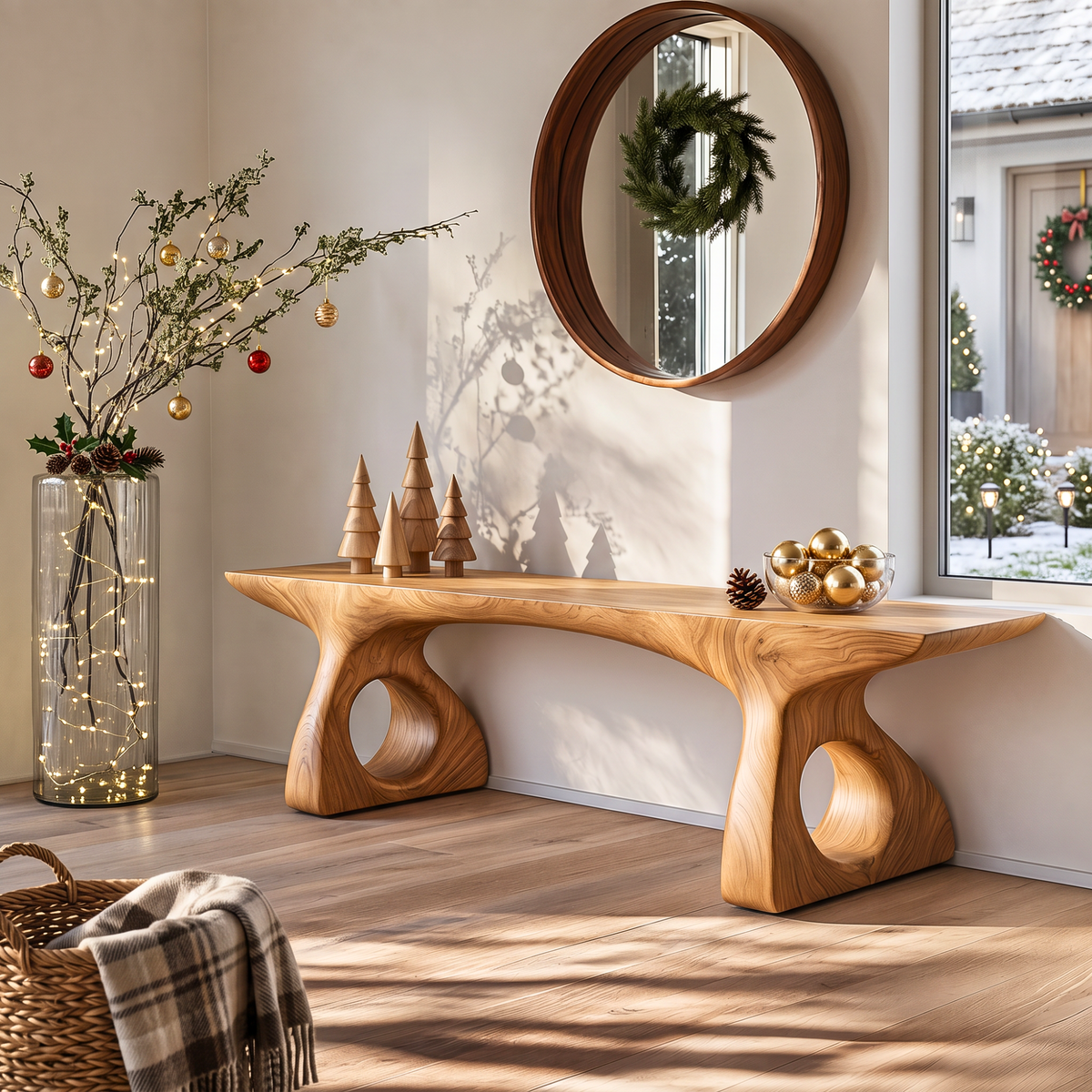 Bench Solid Wood with Sculptural Loop Base and Flowing Live Edge Seat