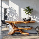Handcrafted Live Edge Console Table with Sculptural Branch Base and Display Shelf