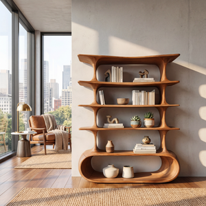 Modern Tiered Curve Wood Shelf for Books and Decorative Display