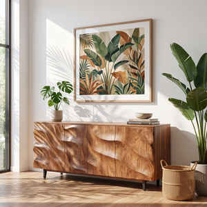 Sideboard Solid Wood with Sculptural Cascade Relief Doors for Living Room Decor