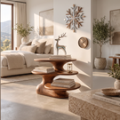 Sculptural Solid Wood Side Table with 3 Tier Shelves for Living Room Decor