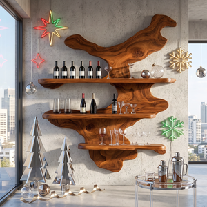 Organic Solid Wood Wine Rack with Floating Display Shelves and Sculptural Wall Form