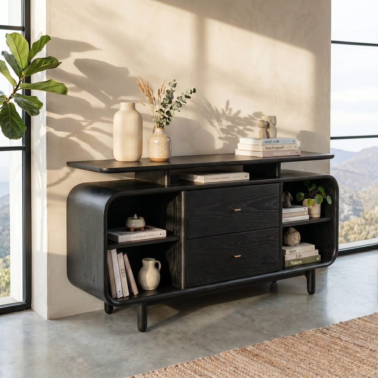 Handcrafted Solid Wood Raised Top Sideboard with Drawers and Open Shelves