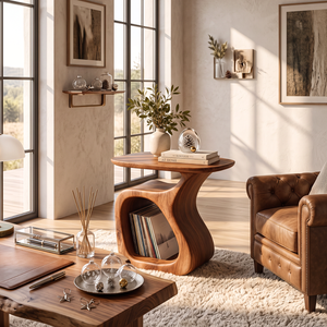 Organic Solid Wood Side Table with Sculptural Base