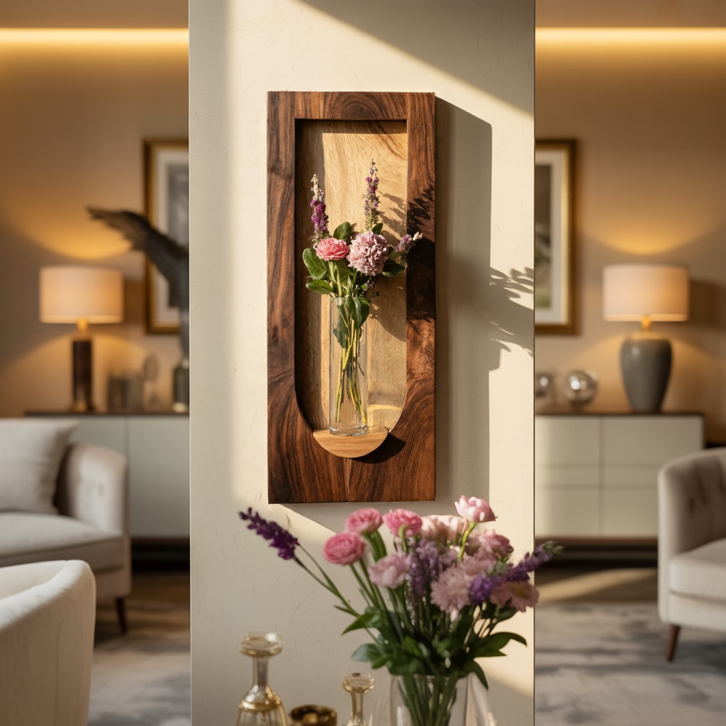 Solid Wood Wall Niche Sculpture with Integrated Vase Shelf