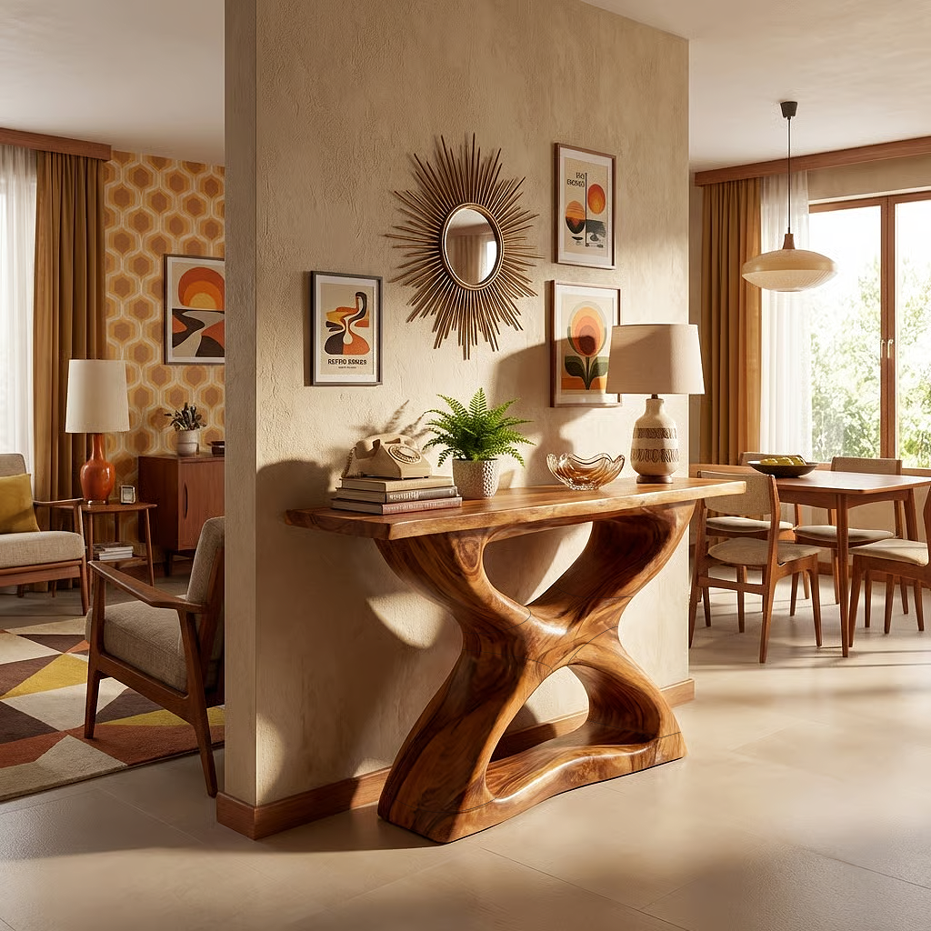 Handcrafted Natural Wood Console Table with Sculpted Base