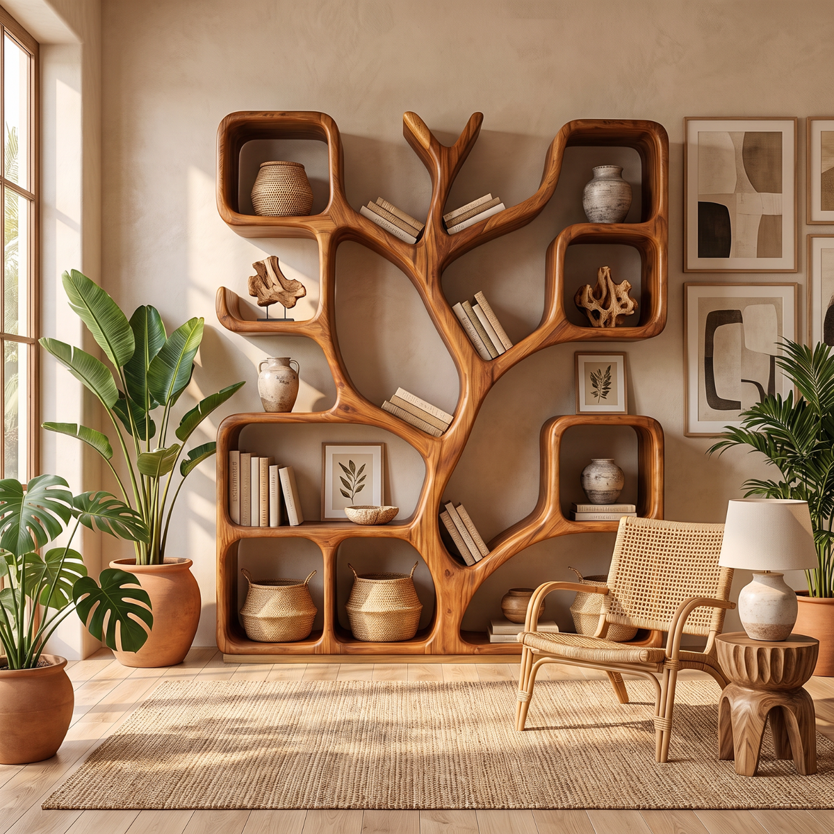 Handcrafted Solid Wood Tree Bookshelf with Organic Open Display Shelves