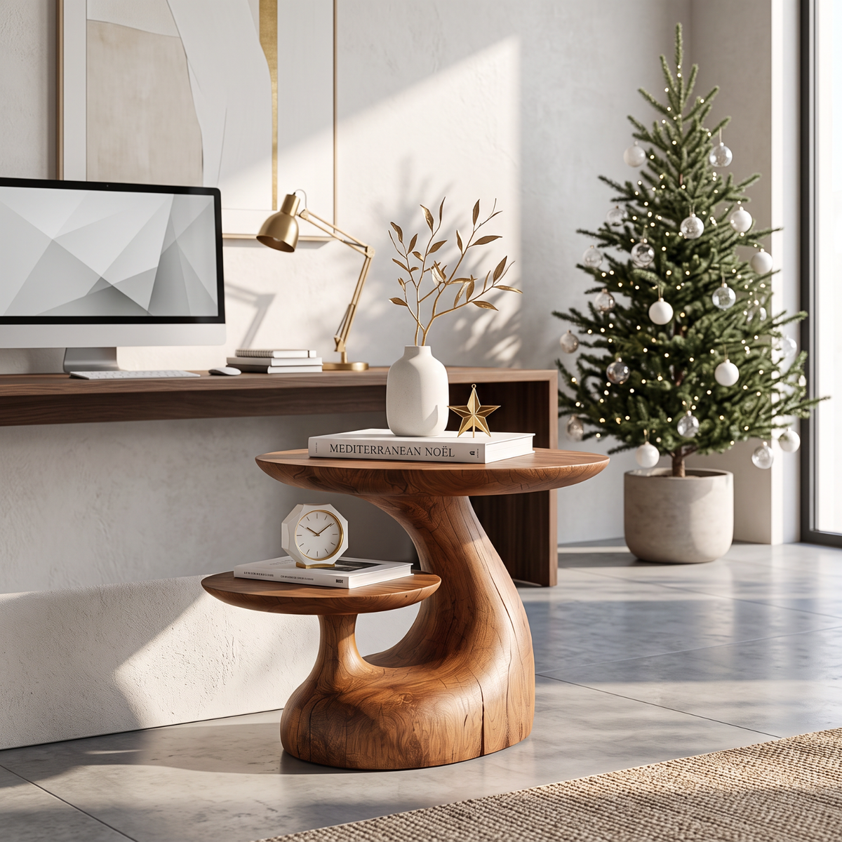 Handcrafted Solid Wood Side Table with Floating Shelf and Sculptural Curve Base