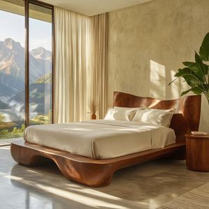 Organic Curve Solid Wood Bed with Artistic Headboard