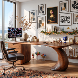 Organic Solid Wood Desk with Sculptural Curved Leg and Two Drawer Cabinet