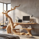 Organic Sculptural Solid Wood Desk with Hanging Light Artistic Tree Form Writing Table Modern Workspace
