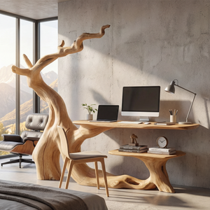 Organic Sculptural Solid Wood Desk with Hanging Light Artistic Tree Form Writing Table Modern Workspace