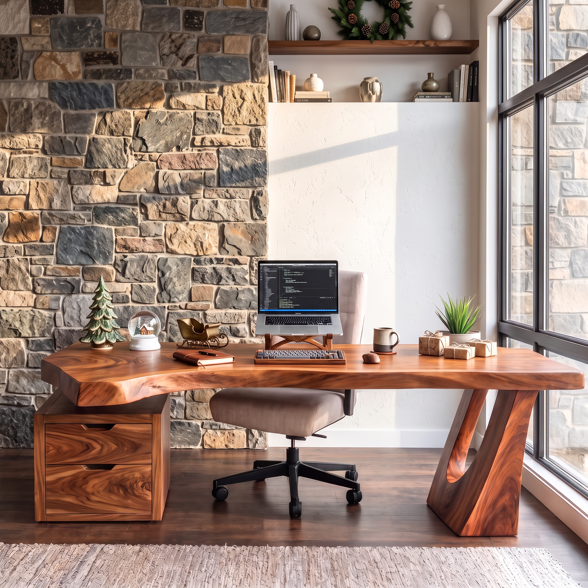 Sculptural Solid Wood Desk With Drawer Cabinet For Home Office
